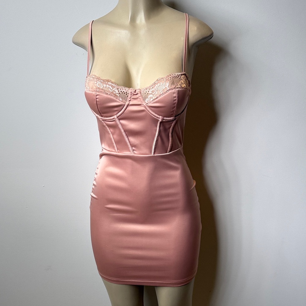 Fashion Nova Blush Pink Satin Lace Bustier Mini